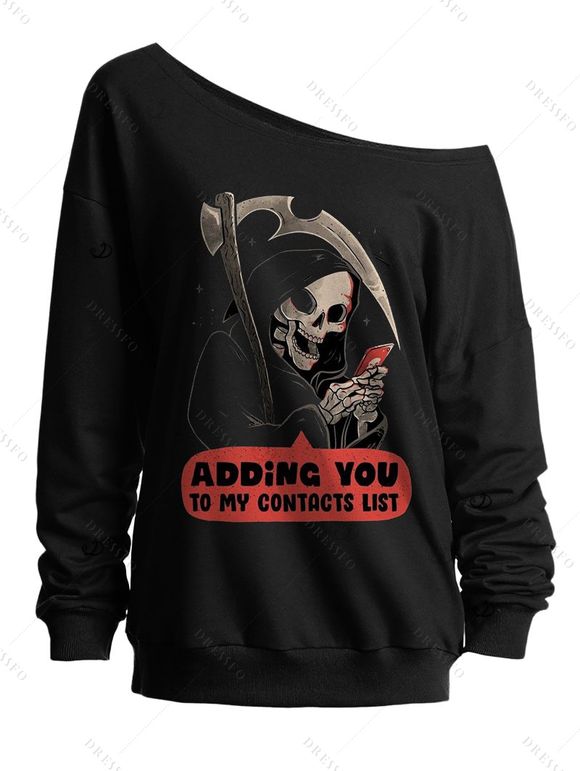 Sweat-shirt gothique pour Halloween, imprimé tête de mort, col incliné, manches longues - Noir XXL | US 14