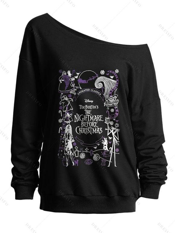 Sweat-shirt de Noël imprimé lettres, col incliné, manches longues - Noir XXL | US 14
