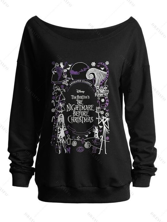 Sweat-shirt de Noël imprimé lettres, col incliné, manches longues - Noir L | US 8-10