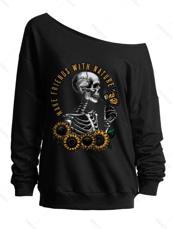 Sweat-shirt d'Halloween gothique, crâne, squelette, tournesol, imprimé lettres, col incliné - Noir XXL | US 14