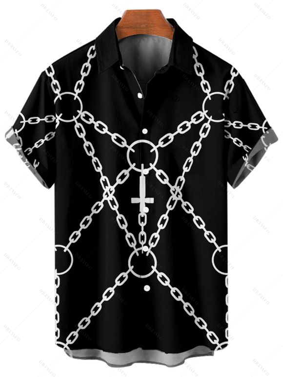 Chemise gothique pour homme, imprimé chaîne et croix, boutonnée, style punk - Noir 5XL