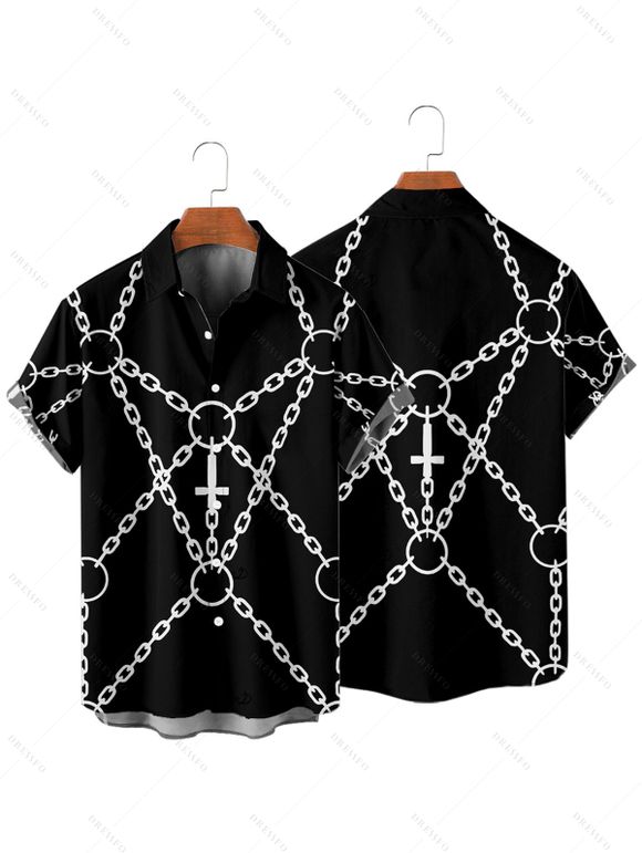 Chemise gothique pour homme, imprimé chaîne et croix, boutonnée, style punk - Noir 4XL