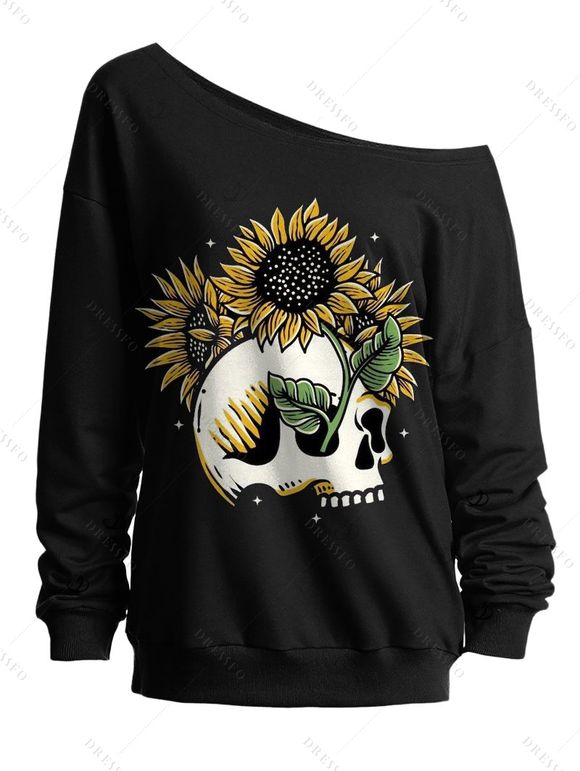 Sweat-shirt gothique pour Halloween, imprimé tête de mort et tournesol, col oblique - Noir XXL | US 14