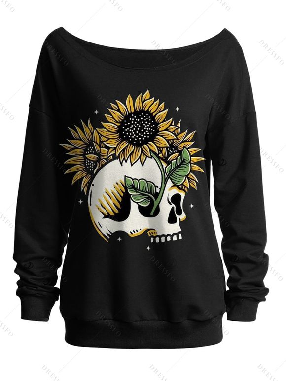 Sweat-shirt gothique pour Halloween, imprimé tête de mort et tournesol, col oblique - Noir XXL | US 14
