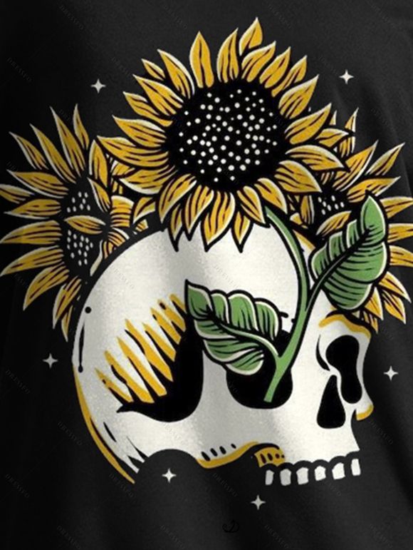 Sweat-shirt gothique pour Halloween, imprimé tête de mort et tournesol, col oblique - Noir XXL | US 14
