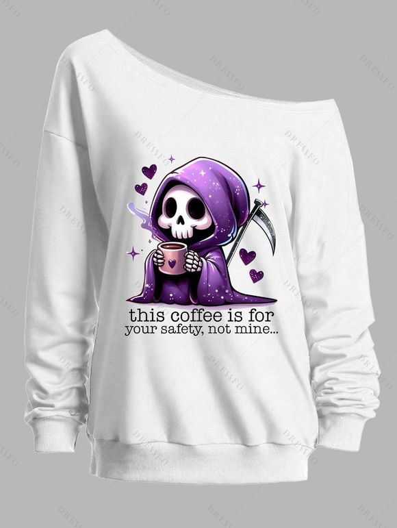 Sweat-shirt d'Halloween à col incliné avec imprimé tête de mort et sorcière - Blanc XXL | US 14