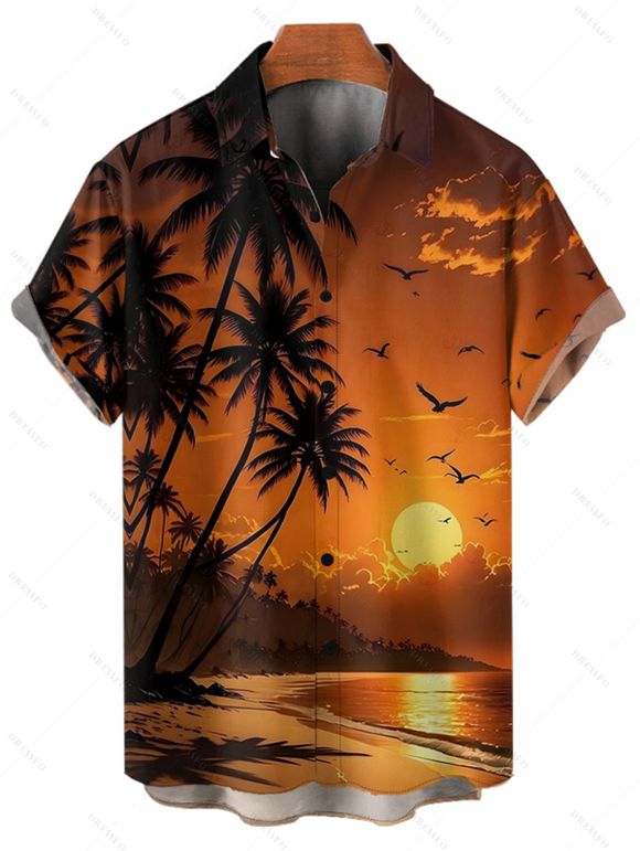 Chemise de vacances pour homme, boutonnée, imprimé paysage de plage et de cocotiers - Orange 5XL