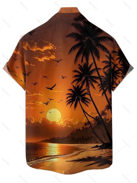 Chemise de vacances pour homme, boutonnée, imprimé paysage de plage et de cocotiers - Orange 4XL