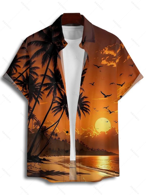 Chemise de vacances pour homme, boutonnée, imprimé paysage de plage et de cocotiers - Orange 4XL