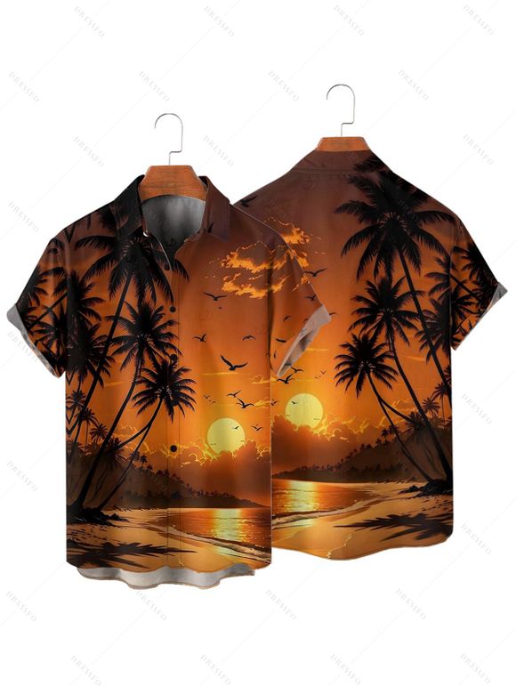 Chemise de vacances pour homme, boutonnée, imprimé paysage de plage et de cocotiers - Orange 4XL