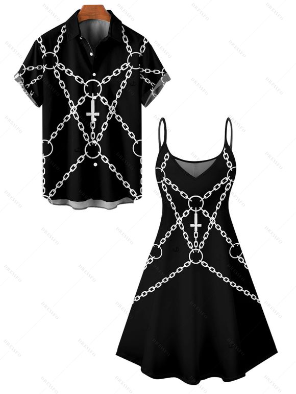 Gothic Couple Outfit Cross Chain Print Spaghetti Strap Mini Dress and Shirt Punk Set - Noir S | US 4