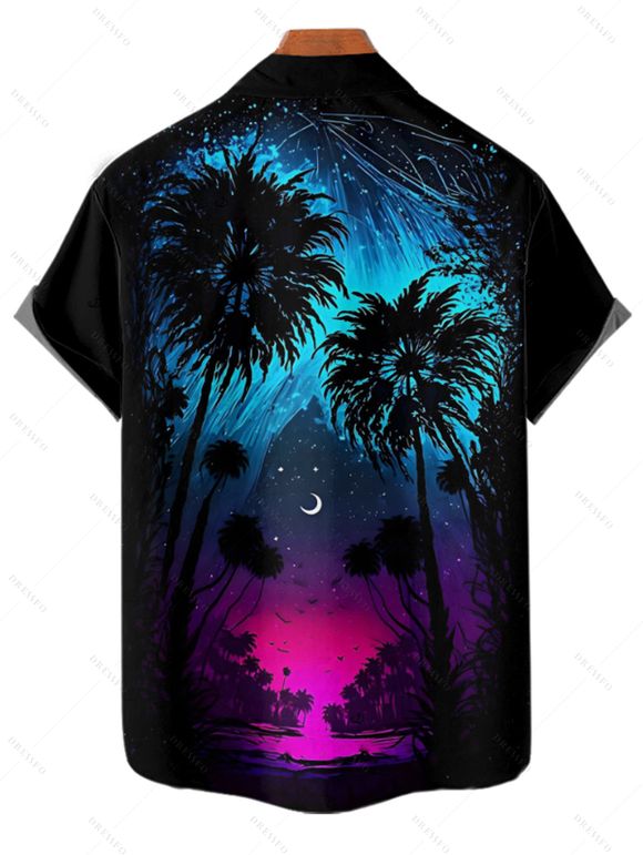 Chemise gothique pour homme, imprimé cocotier et nuit étoilée, boutonnée, idéale pour les vacances - Noir 4XL