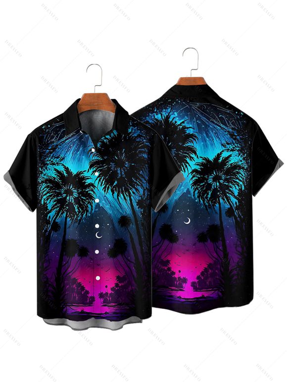 Chemise gothique pour homme, imprimé cocotier et nuit étoilée, boutonnée, idéale pour les vacances - Noir 4XL