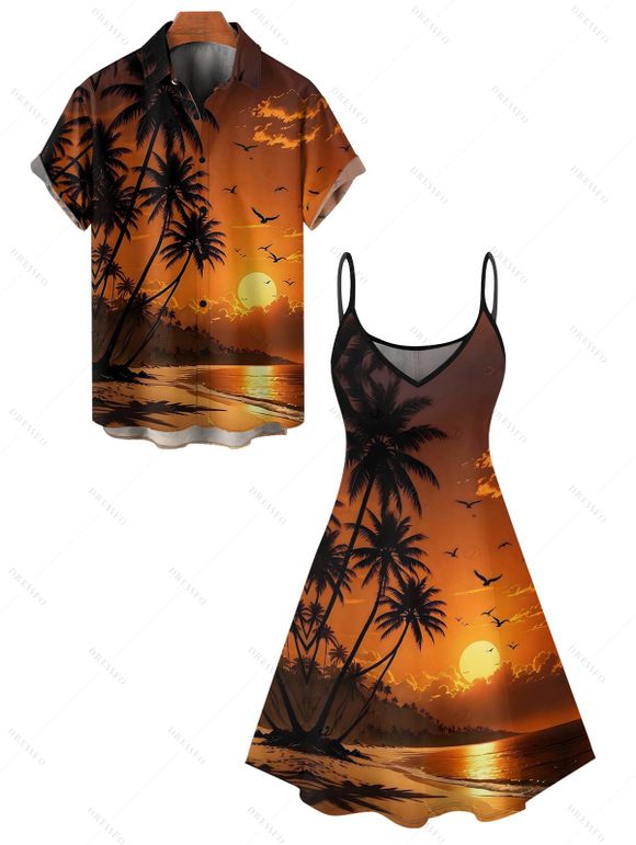 Vacation Couple Outfit Coconut Tree Beach Landscape Print Dress and Shirt Set - Orange S | US 4