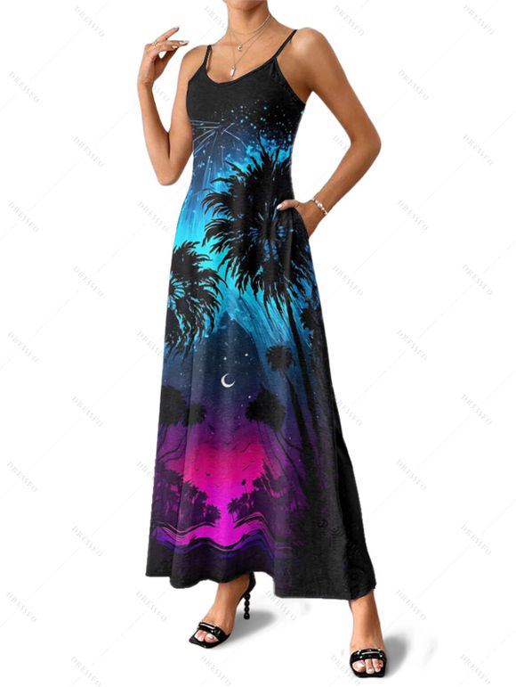 Robe gothique à imprimé cocotier et nuit étoilée, robe longue à bretelles spaghetti - Noir L | US 8-10