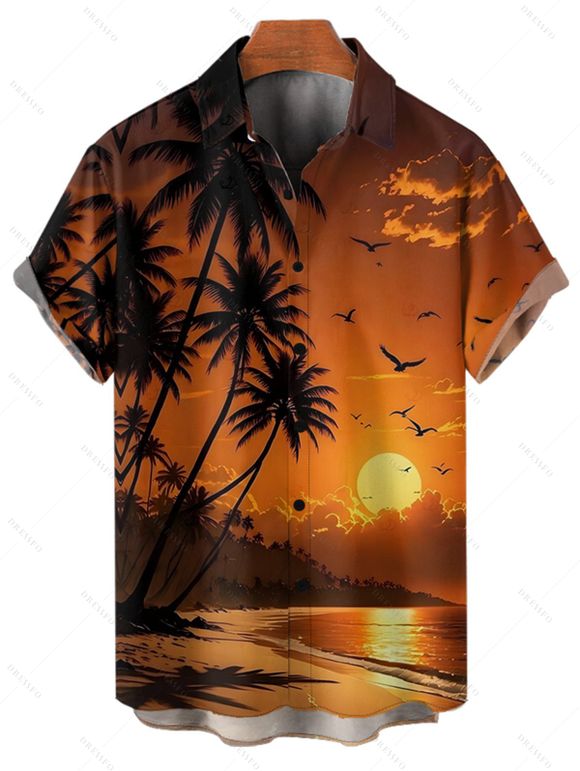 Vacation Couple Outfit Coconut Tree Beach Landscape Print Dress and Shirt Set - Orange S | US 4