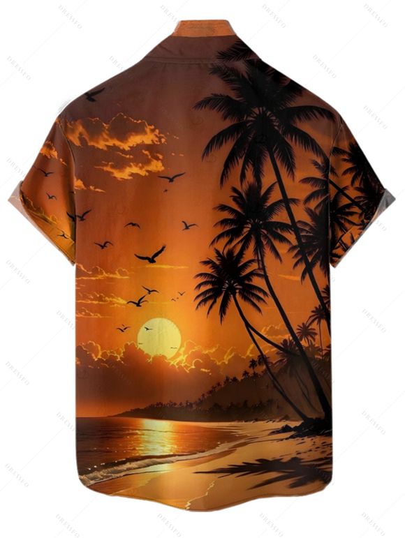 Vacation Couple Outfit Coconut Tree Beach Landscape Print Dress and Shirt Set - Orange S | US 4