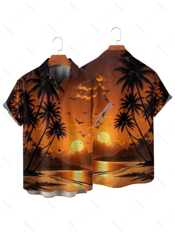Vacation Couple Outfit Coconut Tree Beach Landscape Print Dress and Shirt Set - Orange S | US 4