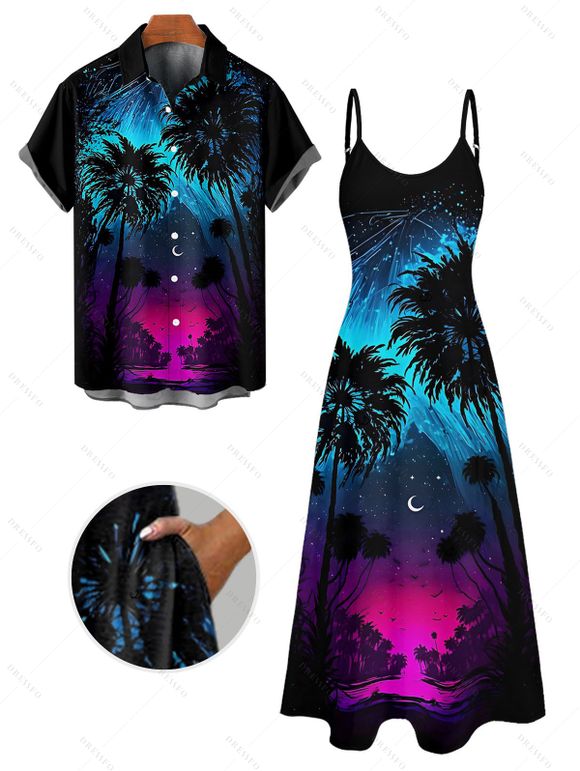 Gothic Couple Outfit Coconut Tree Starry Night Print Spaghetti Strap Long Dress and Shirt Set - Noir S | US 4