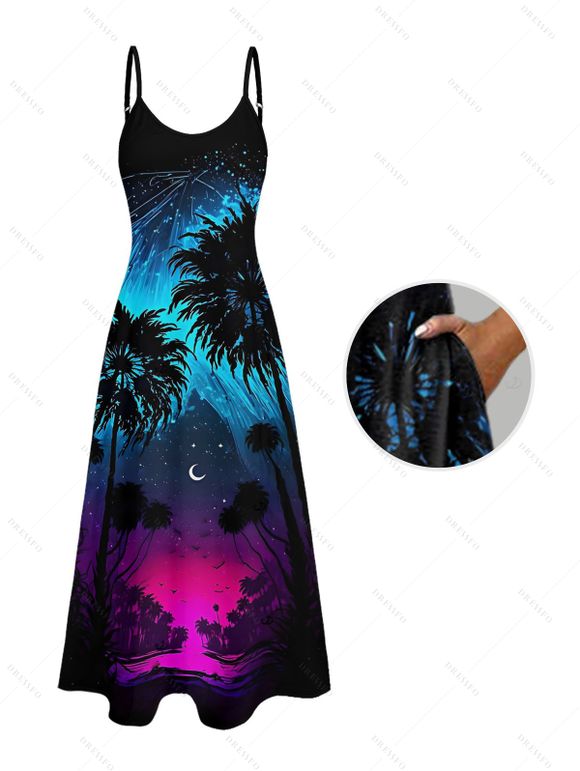 Gothic Couple Outfit Coconut Tree Starry Night Print Spaghetti Strap Long Dress and Shirt Set - Noir S | US 4