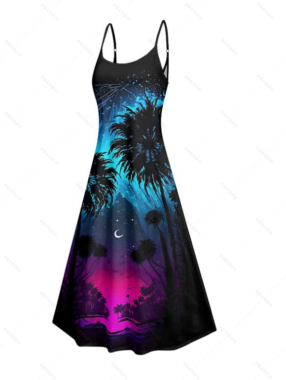 Gothic Couple Outfit Coconut Tree Starry Night Print Spaghetti Strap Long Dress and Shirt Set - Noir S | US 4