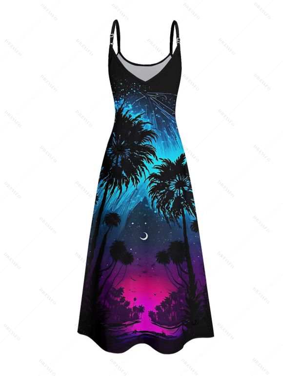 Gothic Couple Outfit Coconut Tree Starry Night Print Spaghetti Strap Long Dress and Shirt Set - Noir S | US 4