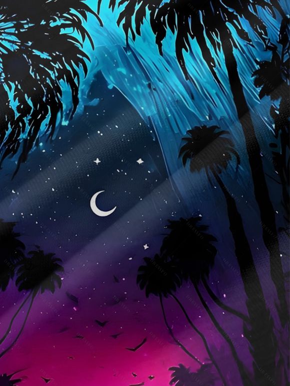 Gothic Couple Outfit Coconut Tree Starry Night Print Spaghetti Strap Long Dress and Shirt Set - Noir S | US 4