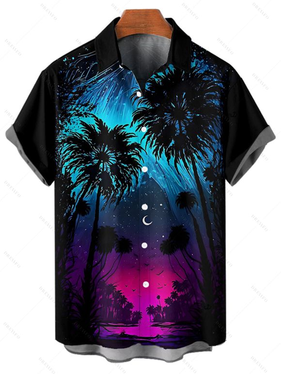 Gothic Couple Outfit Coconut Tree Starry Night Print Spaghetti Strap Long Dress and Shirt Set - Noir S | US 4