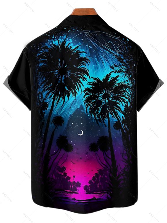 Gothic Couple Outfit Coconut Tree Starry Night Print Spaghetti Strap Long Dress and Shirt Set - Noir S | US 4