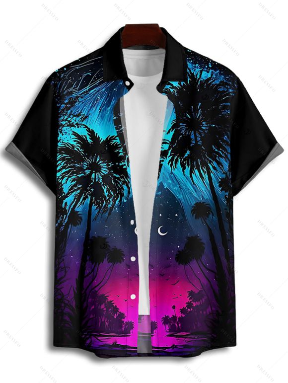 Gothic Couple Outfit Coconut Tree Starry Night Print Spaghetti Strap Long Dress and Shirt Set - Noir S | US 4