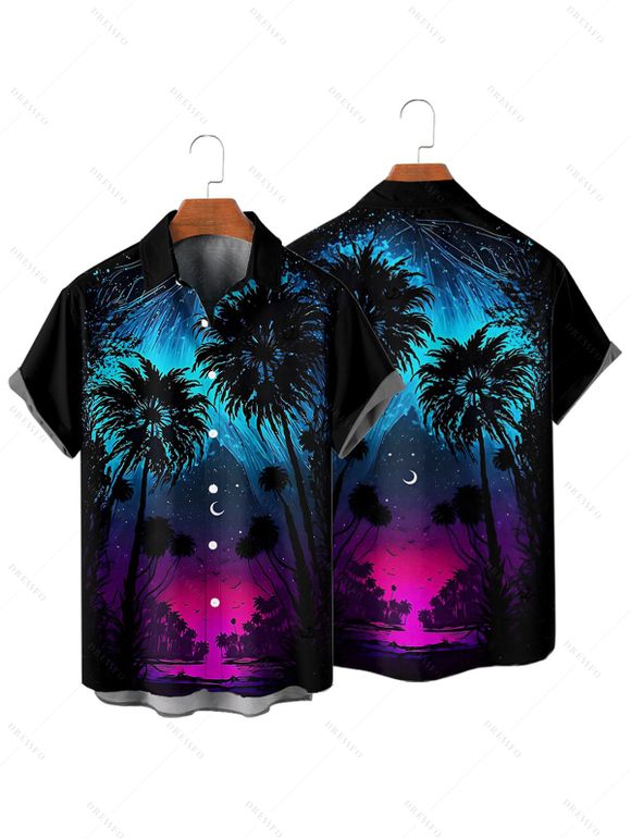Gothic Couple Outfit Coconut Tree Starry Night Print Spaghetti Strap Long Dress and Shirt Set - Noir S | US 4