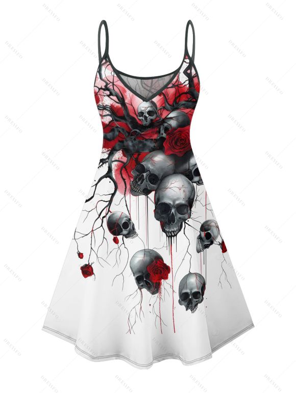 Robe gothique pour Halloween, mini-robe à bretelles spaghetti, imprimé crânes, roses et sang - Rouge Vineux XXXXXL | US 20