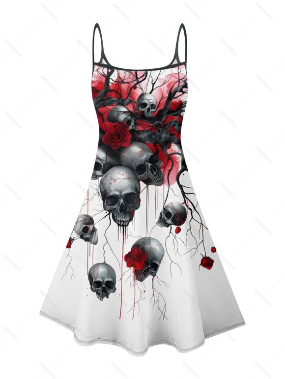 Robe gothique pour Halloween, mini-robe à bretelles spaghetti, imprimé crânes, roses et sang - Rouge Vineux L | US 8-10