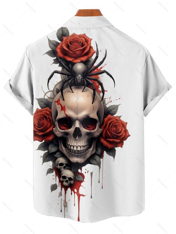 Chemise gothique pour homme pour Halloween, chemise boutonnée à imprimé crânes, araignées et roses - Rouge foncé 4XL