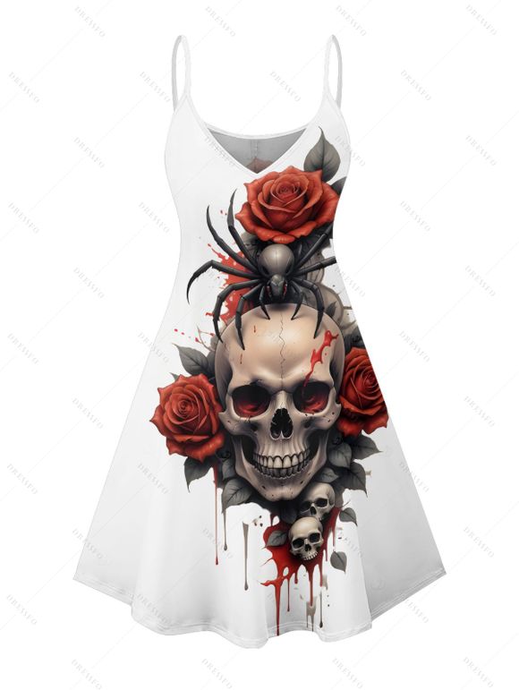 Robe gothique pour Halloween, mini-robe à bretelles spaghetti, imprimé crânes, araignées et roses - Rouge foncé XXXXXL | US 20