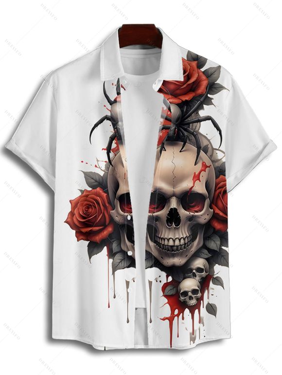 Chemise gothique pour homme pour Halloween, chemise boutonnée à imprimé crânes, araignées et roses - Rouge foncé 4XL
