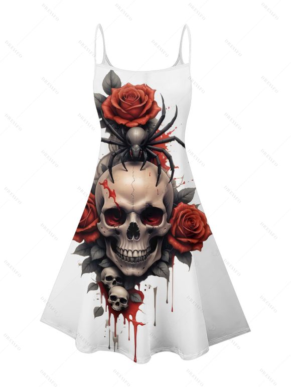 Robe gothique pour Halloween, mini-robe à bretelles spaghetti, imprimé crânes, araignées et roses - Rouge foncé L | US 8-10