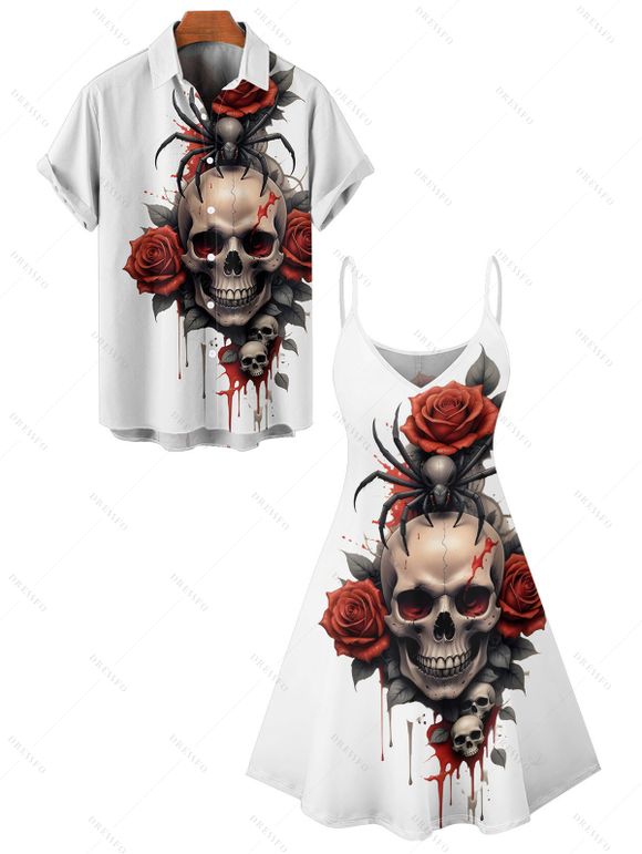 Gothic Couple Outfit for Halloween Skulls Spider Rose Print Mini Dress and Shirt Set - Rouge foncé S | US 4