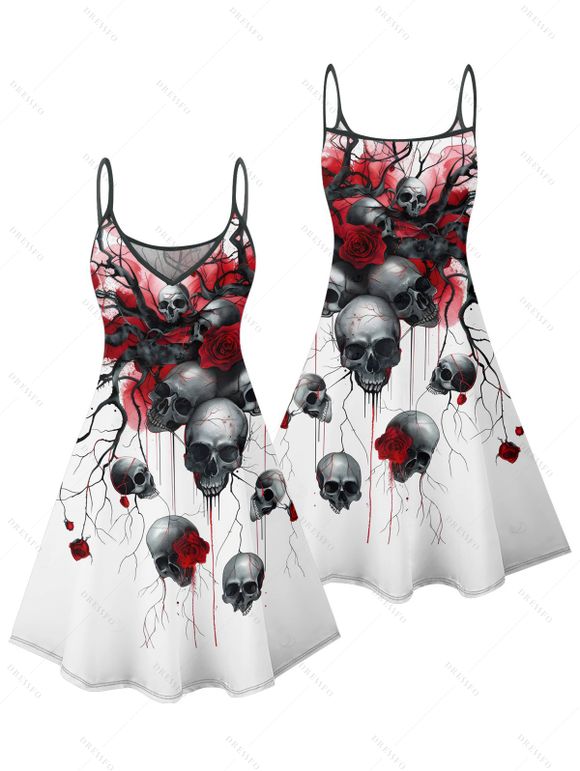 Gothic Couple Outfit for Halloween Skulls Rose Blood Print Mini Dress and Shirt Set - Rouge Vineux S | US 4