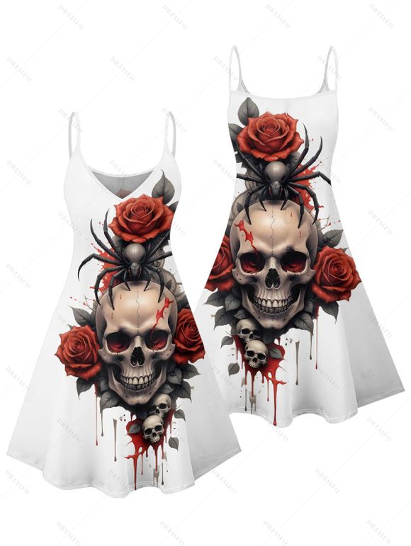 Gothic Couple Outfit for Halloween Skulls Spider Rose Print Mini Dress and Shirt Set - Rouge foncé S | US 4