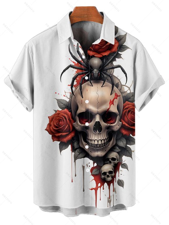Gothic Couple Outfit for Halloween Skulls Spider Rose Print Mini Dress and Shirt Set - Rouge foncé S | US 4