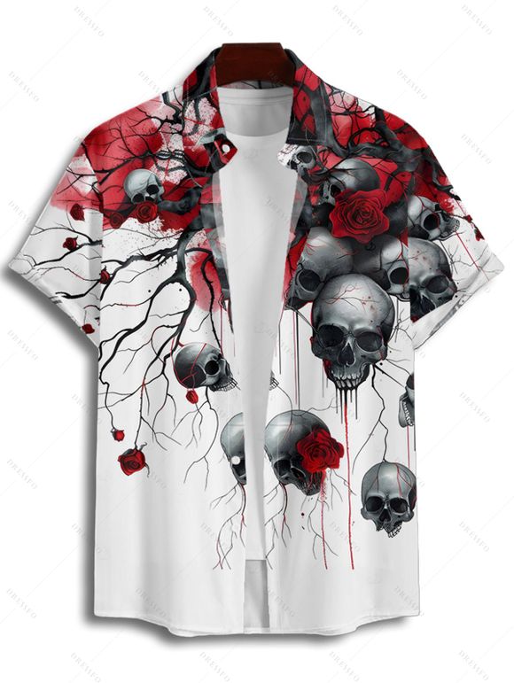 Gothic Couple Outfit for Halloween Skulls Rose Blood Print Mini Dress and Shirt Set - Rouge Vineux S | US 4
