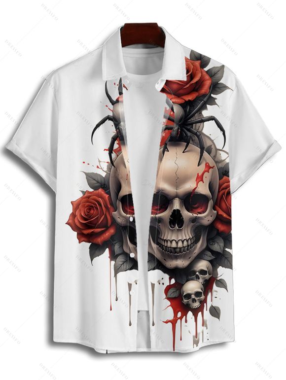 Gothic Couple Outfit for Halloween Skulls Spider Rose Print Mini Dress and Shirt Set - Rouge foncé S | US 4