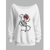 Sweat-shirt à manches longues et col oblique imprimé feuilles de rose - Blanc XXL | US 14