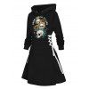Robe à capuche d'Halloween, mini-robe à lacets et cordon de serrage, imprimé tête de mort, tournesol et lettres - Noir XXL | US 14