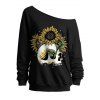 Sweat-shirt gothique pour Halloween, imprimé tête de mort et tournesol, col oblique - Noir XXL | US 14
