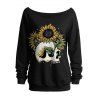 Sweat-shirt gothique pour Halloween, imprimé tête de mort et tournesol, col oblique - Noir XXL | US 14