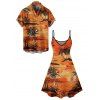 Beach Couple Outfit for Vacation Coconut Tree Print Mini Dress and Shirt Set - Orange S | US 4