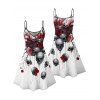 Robe gothique pour Halloween, mini-robe à bretelles spaghetti, imprimé crânes, roses et sang - Rouge Vineux XXXXXL | US 20