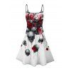 Robe gothique pour Halloween, mini-robe à bretelles spaghetti, imprimé crânes, roses et sang - Rouge Vineux XXXXXL | US 20